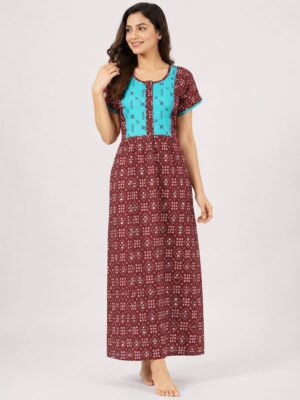 Women's Cotton Full Length Frock Nighty With Zip - Maroon