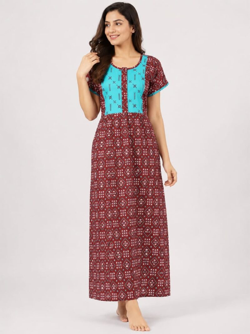 W-NY-399-10-MR-XXL-f Women's Cotton Full Length Frock Nighty With Zip - Maroon
