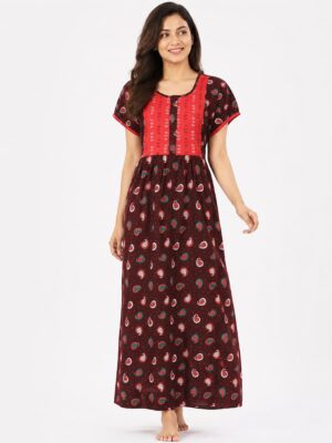 Women's Cotton Full Length Frock Nighty With Zip - Burgundy