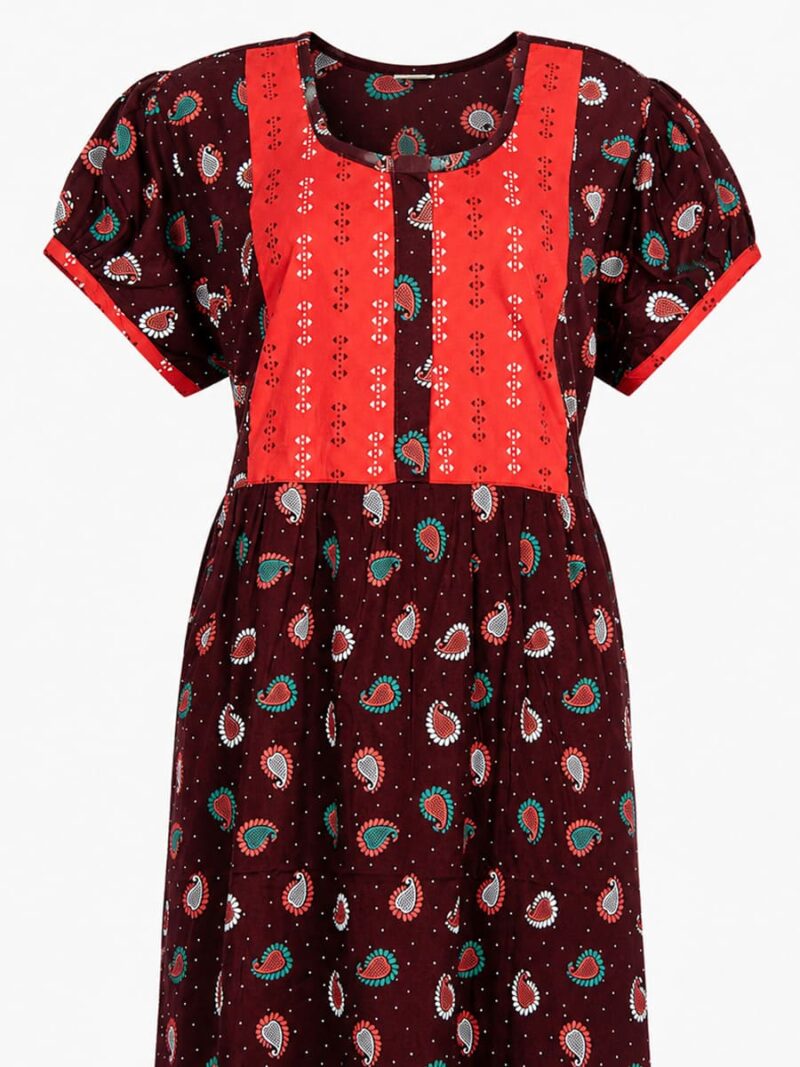Women's Cotton Full Length Frock Nighty With Zip - Burgundy
