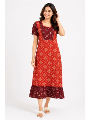 Women's Ajrakh Cotton Frock Nighty - Red