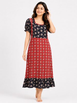 Women's Cotton Ajrakh Feeding Frock Nighty-Red