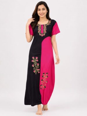 Women's Cotton Embroidery Stone Work Nighty -Black