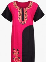 W-NY-403-02-RBY-XL-B. Women's Cotton Embroidery Stone Work Nighty -Raspberry