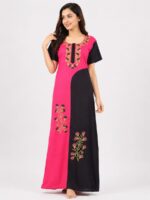 W-NY-403-02-RBY-XL-F Women's Cotton Embroidery Stone Work Nighty -Raspberry