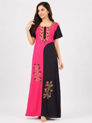 Women's Cotton Embroidery Stone Work Nighty -Raspberry