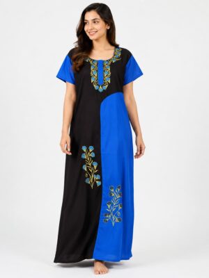 Women's Cotton Embroidery Stone Work Nighty -Navy Blue