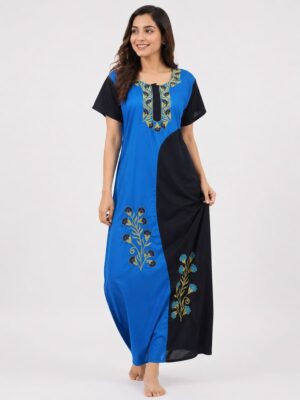 Women's Cotton Embroidery Stone Work Nighty - Blue