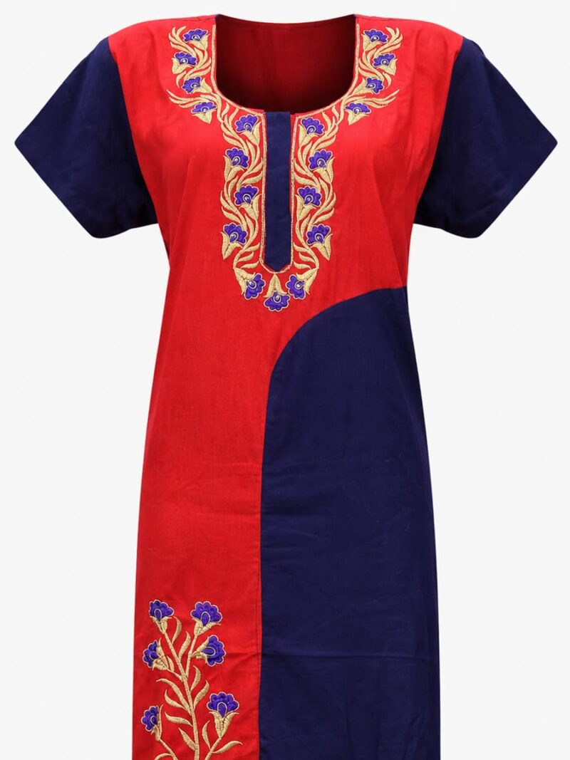 Women's Cotton Embroidery Stone Work Nighty - Red