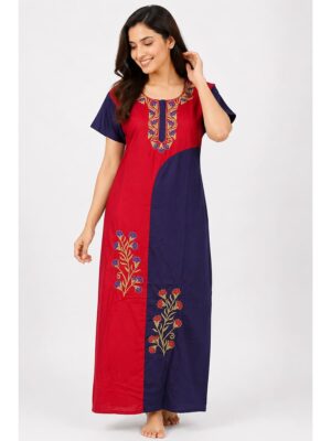 Women's Cotton Embroidery Stone Work Nighty - Red
