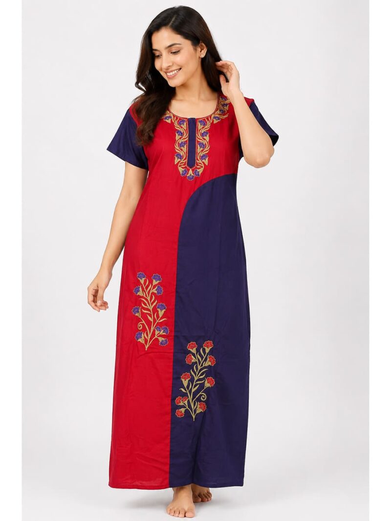 Women's Cotton Embroidery Stone Work Nighty - Red