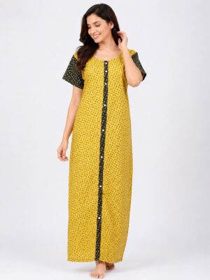 Women’s Front Full Open Cotton Nighty - Yellow