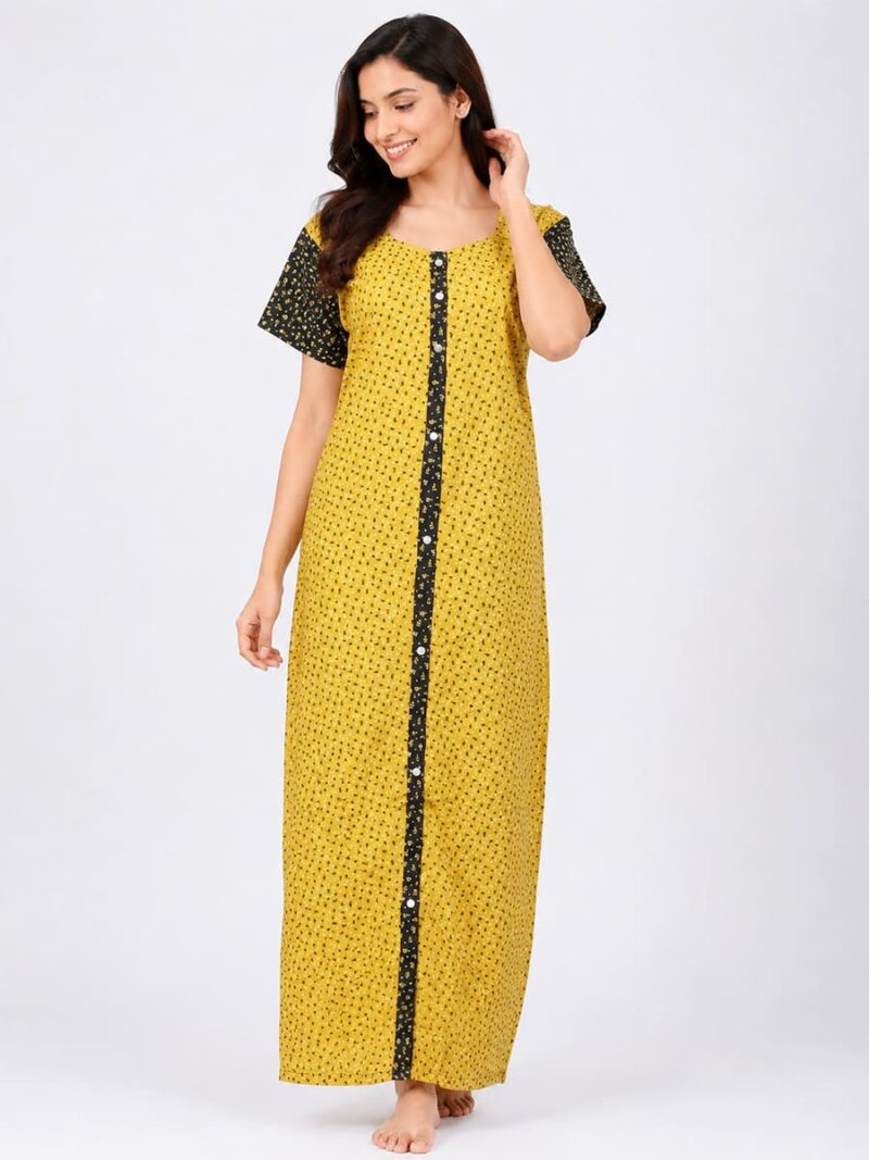 Women’s Front Full Open Cotton Nighty - Yellow