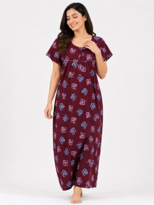Women's Cotton Feeding Nighty - Burgundy