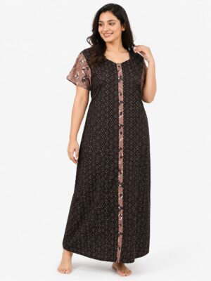 Women’s Front Full Open Cotton Nighty - Coffee