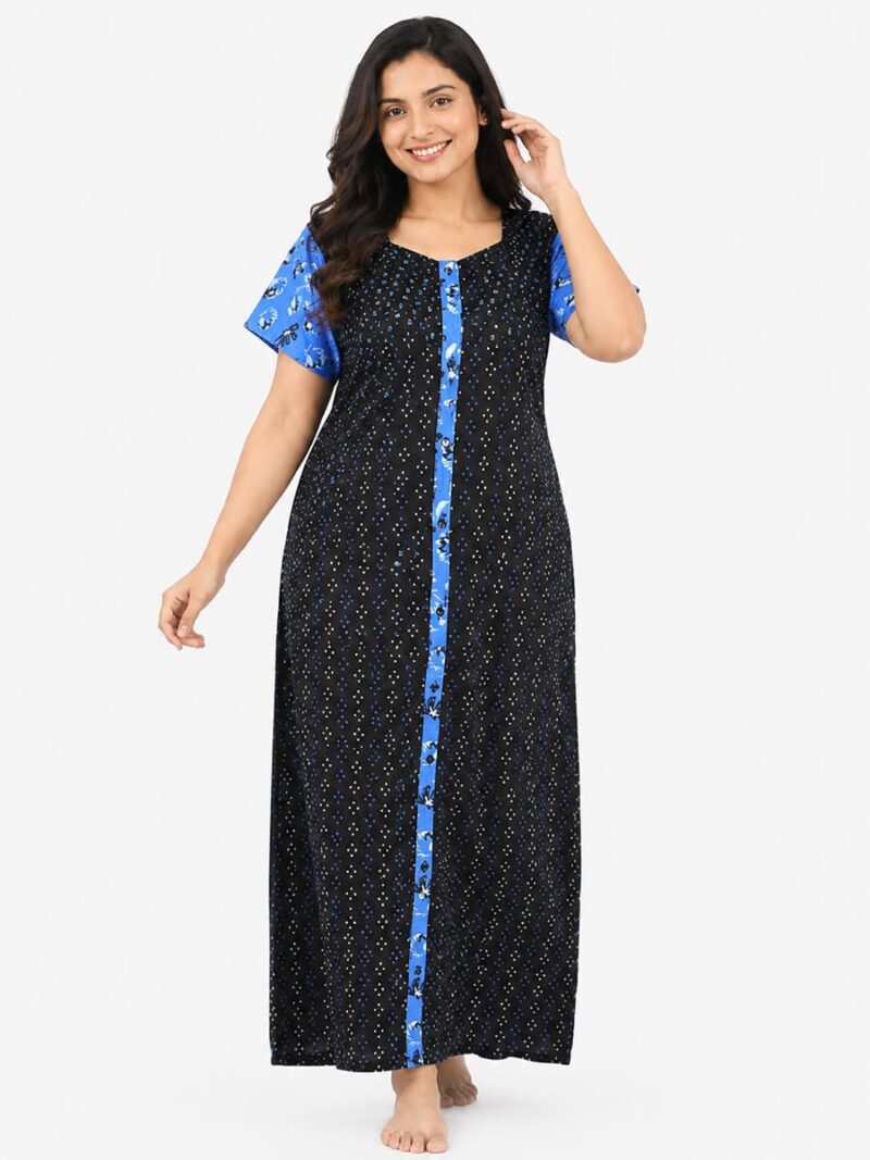 Women’s Front Full Open Cotton Nighty - Black