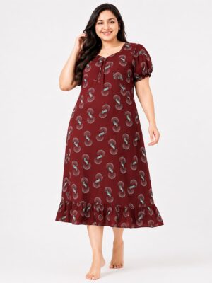 Women's Cotton Plus Size Zip Frock Nighty - Maroon