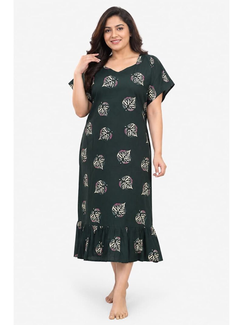 W-NY-418-06-GR-3XL-F Women's Plus Size Cotton Frock Nighty - Green