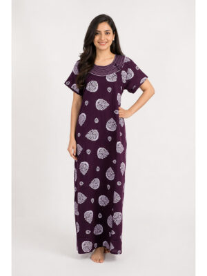 Women's Cotton Printed Nighty -Purple