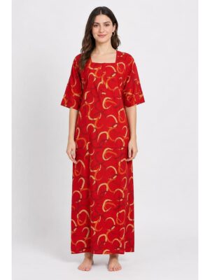 Women's Ajrakh Cotton Printed Nighty -Red
