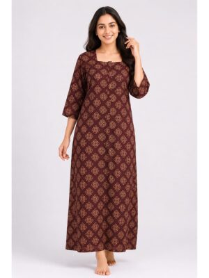 Women's Ajrakh Cotton Printed Nighty - Maroon