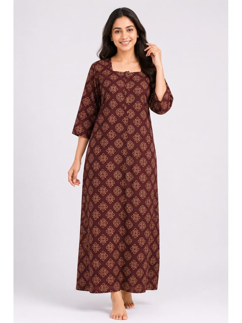Women's Ajrakh Cotton Printed Nighty - Maroon