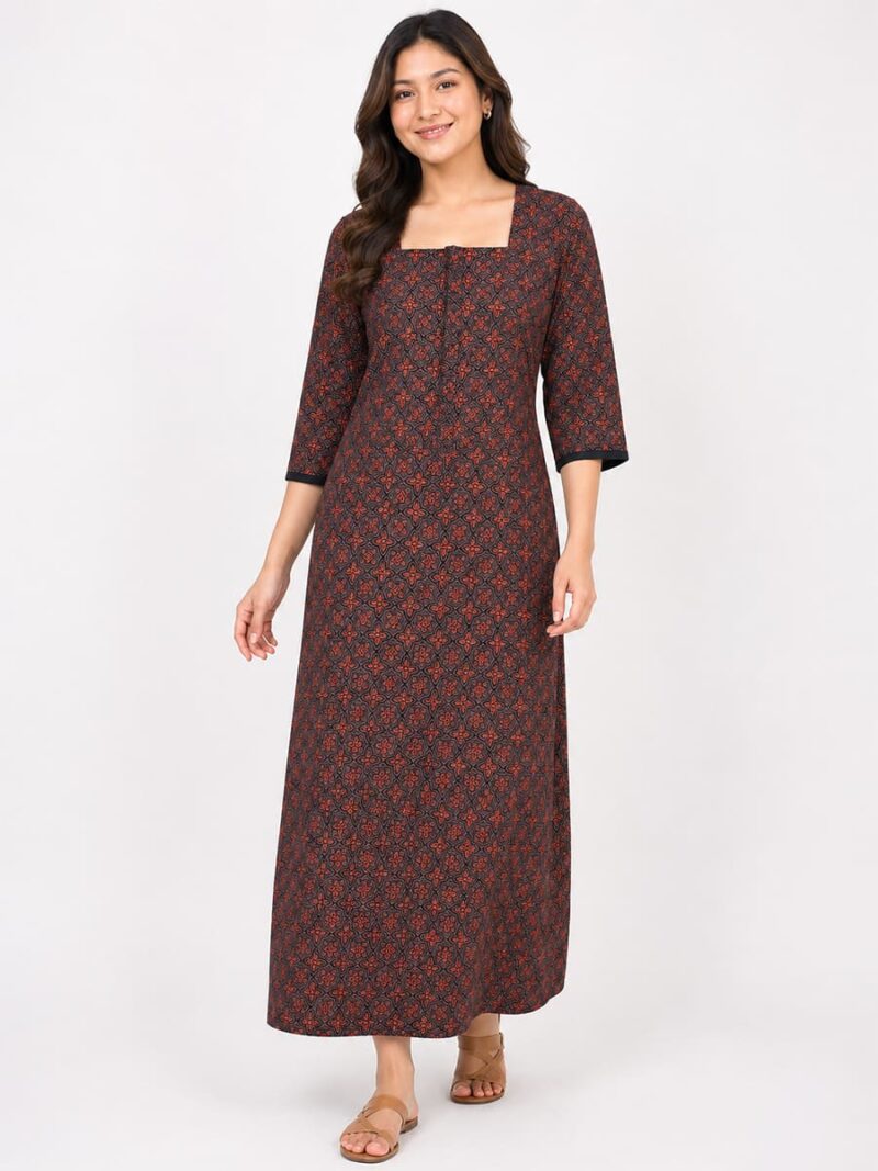 W-NY-441-05-MR-XXL_front Women's Ajrakh Cotton Printed Nighty - Maroon