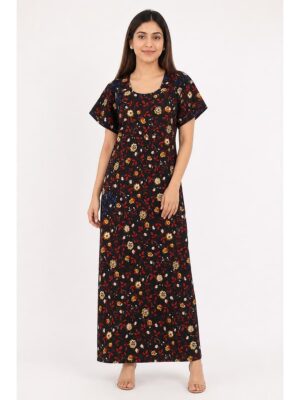 Women's Cotton Floral Maxi Nighty - Black & Red