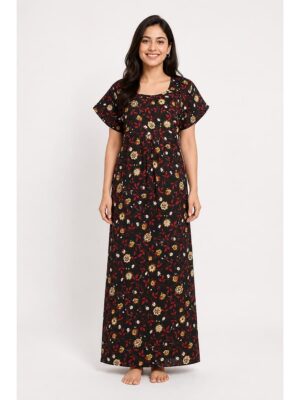 Women's Cotton Floral Maxi Nighty - Black & Red