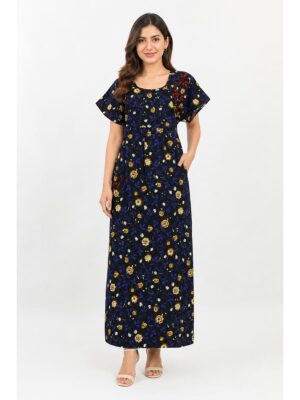 Women's Cotton Floral Maxi Nighty - Navy Blue & Red