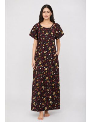 Women's Cotton Floral Maxi Nighty - Black & Red