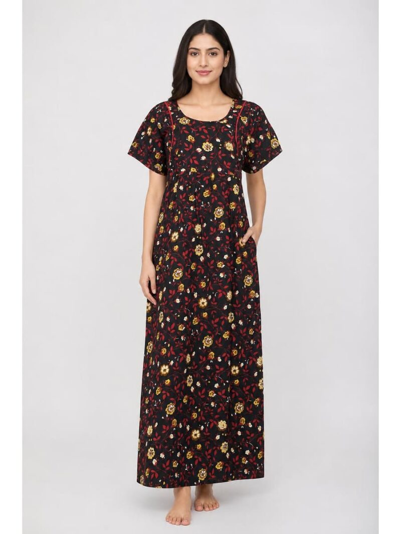 W-NY-442-04-RD-BK-XXL_front Women's Cotton Floral Maxi Nighty - Black & Red