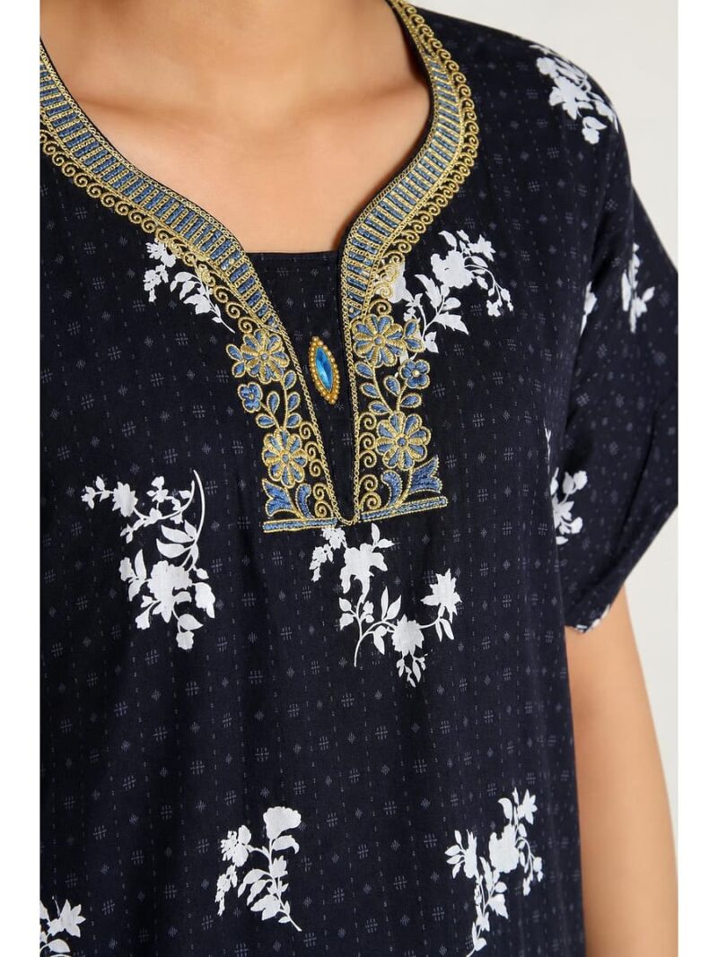 Women's Cotton Embroidered Stone Nighty -Navy Blue