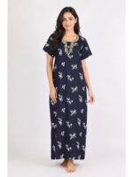 Women's Cotton Embroidered Stone Nighty -Navy Blue