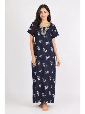 Women's Cotton Embroidered Stone Nighty -Navy Blue