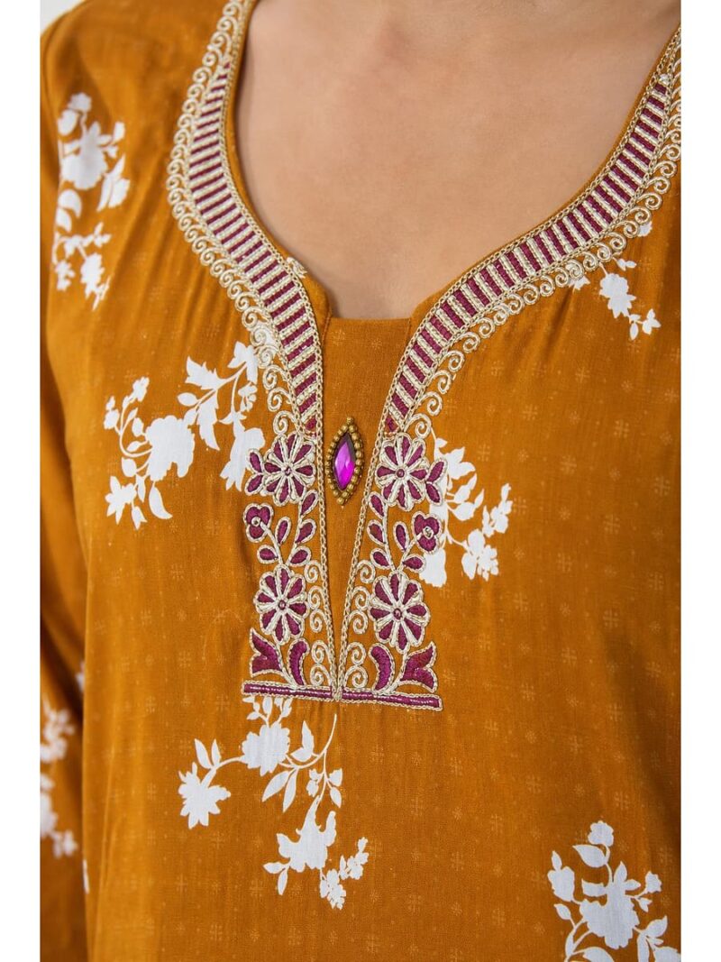 Women's Cotton Embroidered Stone Nighty -Mustard Yellow