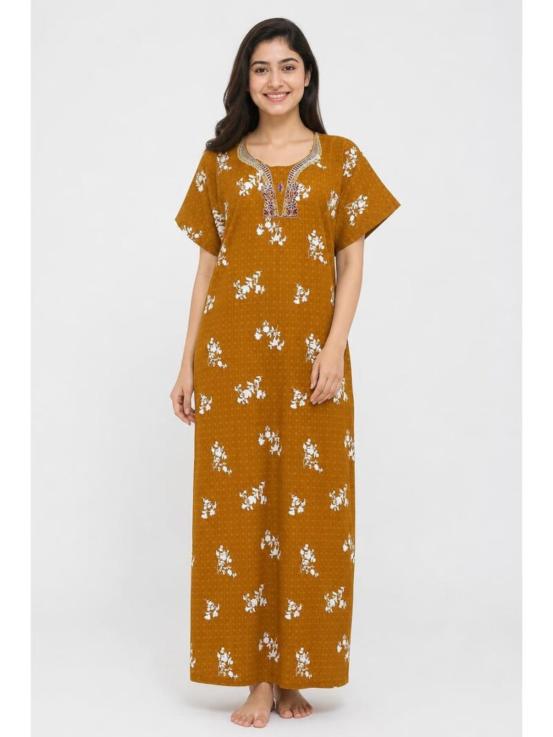 W-NY-443-02-MY-XL-F Women's Cotton Embroidered Stone Nighty -Mustard Yellow