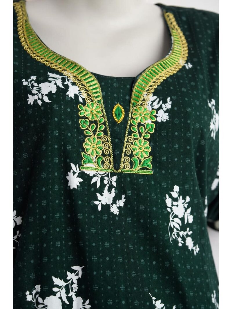 Women's Cotton Embroidered Stone Nighty - Green