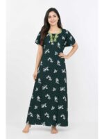 Women's Cotton Embroidered Stone Nighty - Green