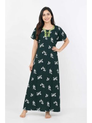 Women's Cotton Embroidered Stone Nighty - Green