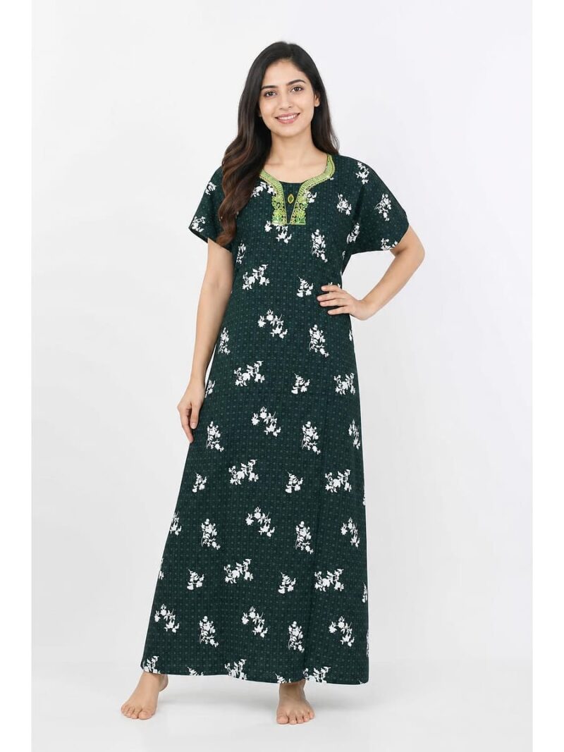 Women's Cotton Embroidered Stone Nighty - Green
