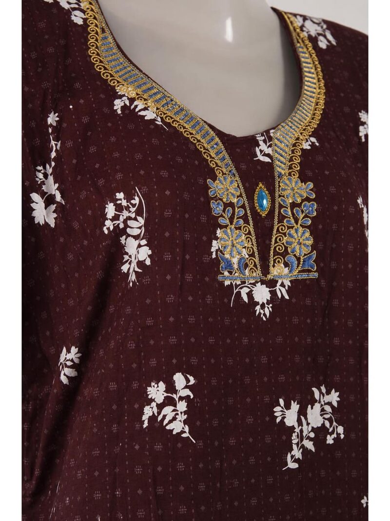 Women's Cotton Embroidered Stone Nighty - Burgundy