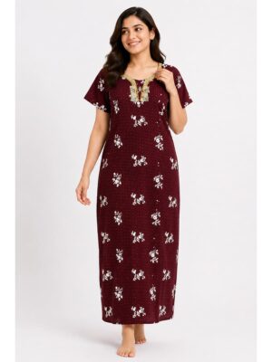 Women's Cotton Embroidered Stone Nighty - Burgundy