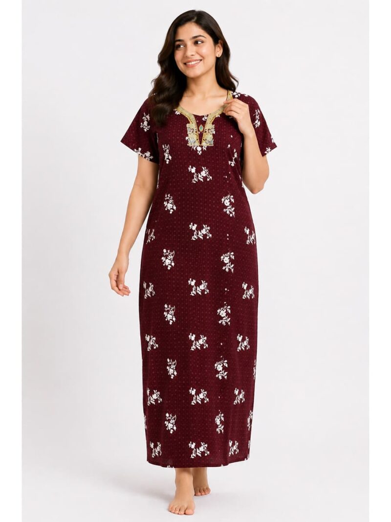 W-NY-443-05-BU-XL-F Women's Cotton Embroidered Stone Nighty - Burgundy