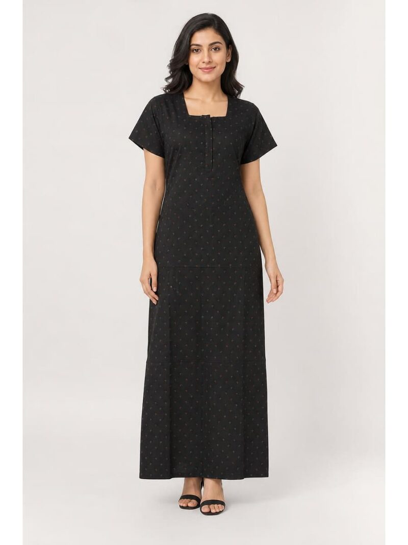 W-NY-445-01-BK-L_front Women's Cotton Maxi Nighty - Black