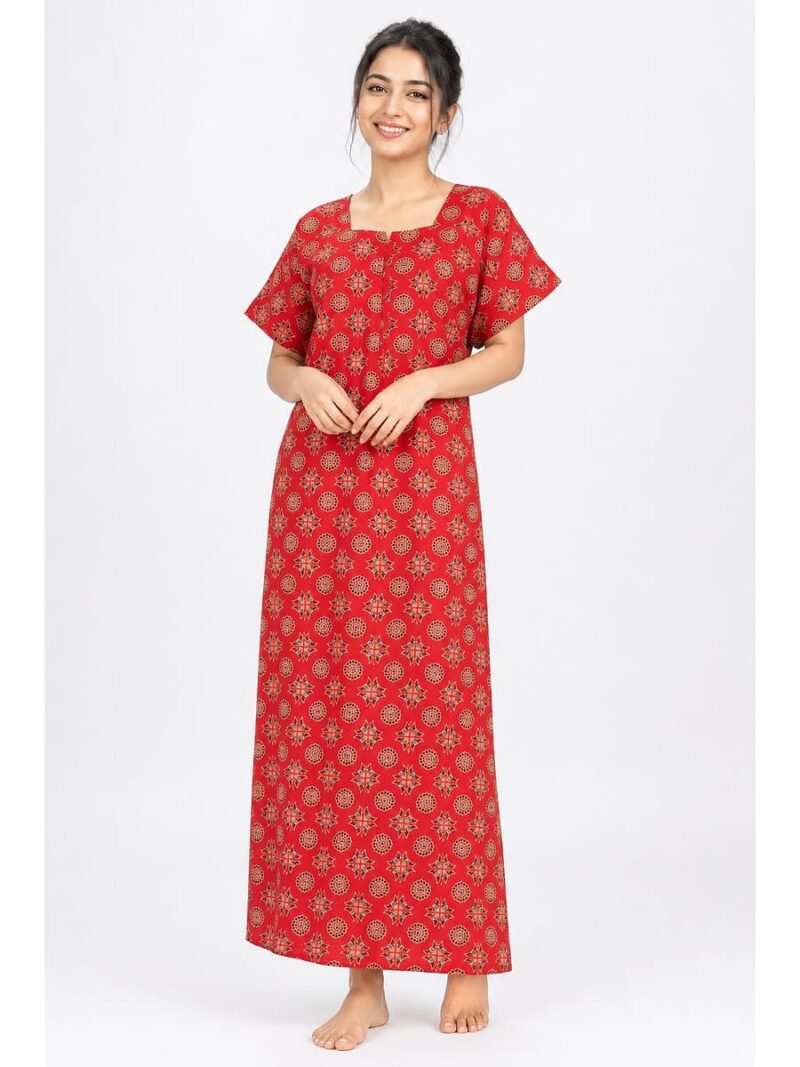 Women's Ajrakh Cotton Maxi Nighty Red