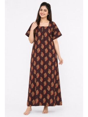 Women's Ajrakh Cotton Maxi Nighty - Maroon