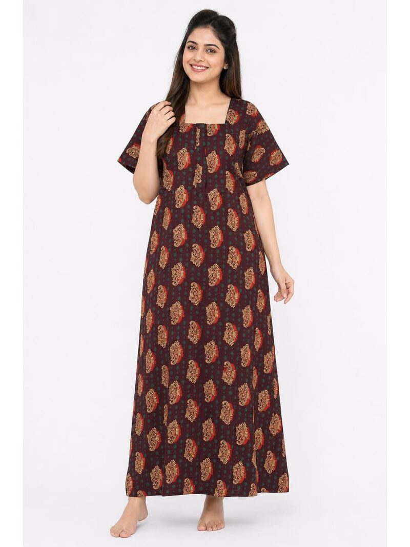 W-NY-447-02-MR-XXL_front Women's Ajrakh Cotton Maxi Nighty - Maroon