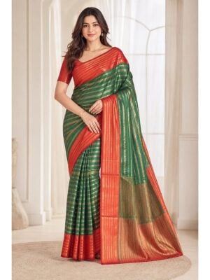 Women's Art Silk Striped Saree -Green