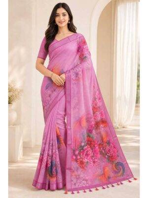 Women's Linen Blend Printed Saree -Pink